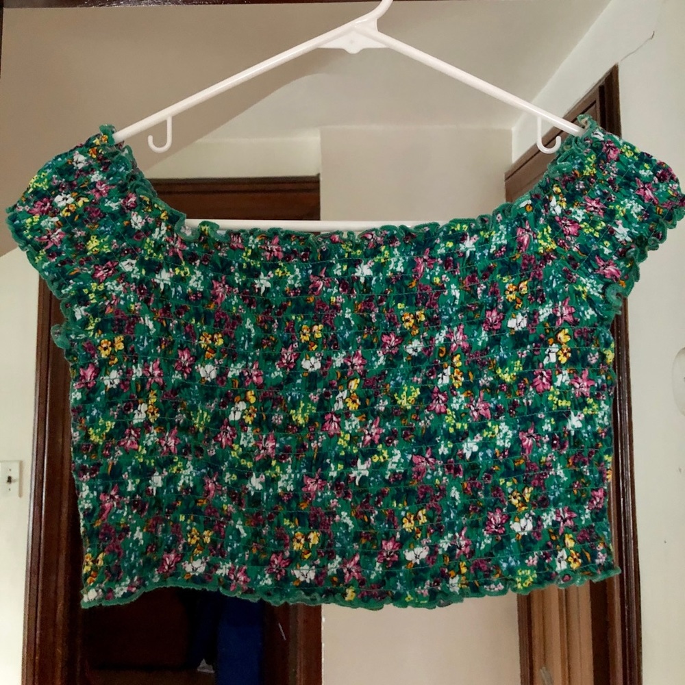 H&M floral shirred crop top off shoulder